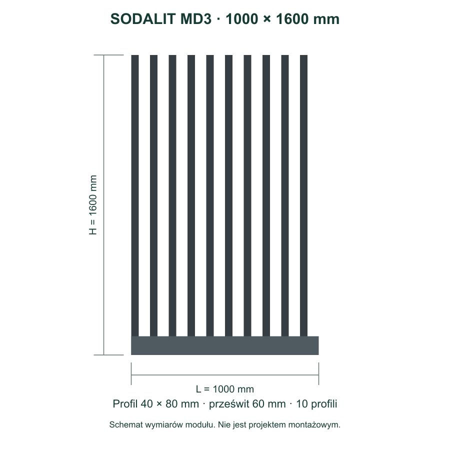 Sodalit MD3: szerokość 1000 mm, wysokość 1600 mm, profil 40 × 80 mm, prześwit 60 mm