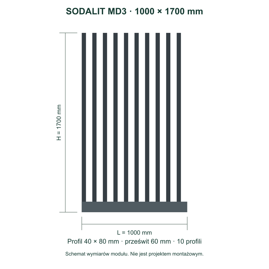 Sodalit MD3: szerokość 1000 mm, wysokość 1700 mm, profil 40 × 80 mm, prześwit 60 mm
