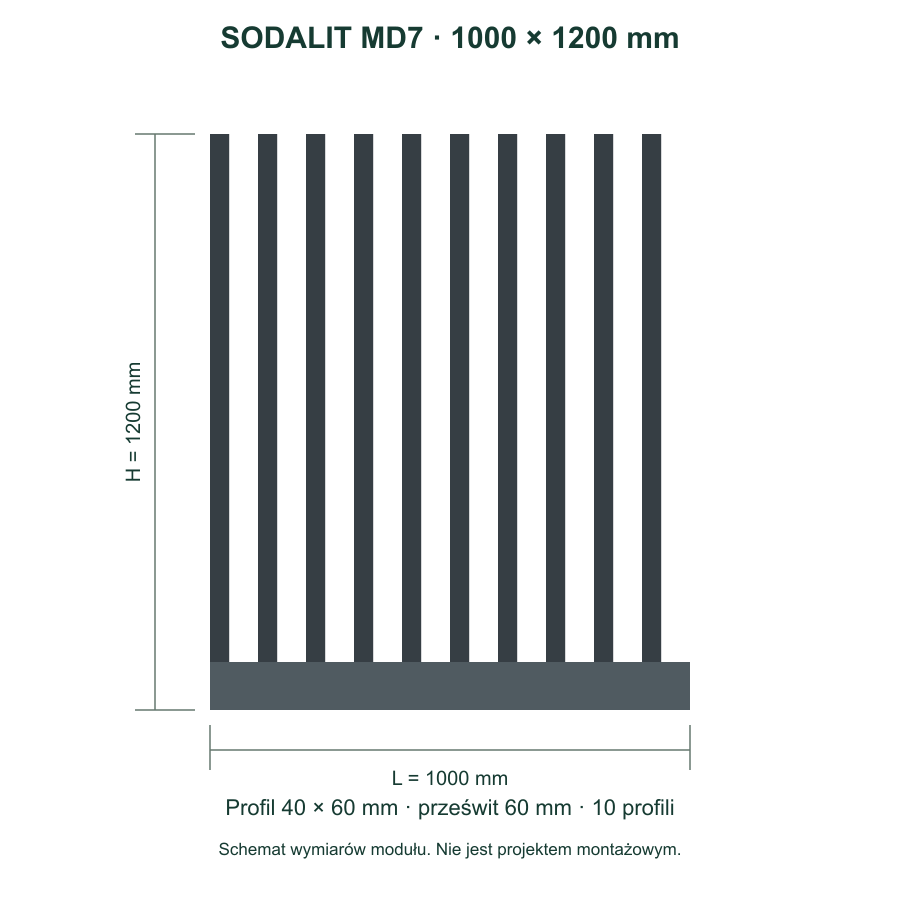 Sodalit MD7: szerokość 1000 mm, wysokość 1200 mm, profil 40 × 60 mm, prześwit 60 mm