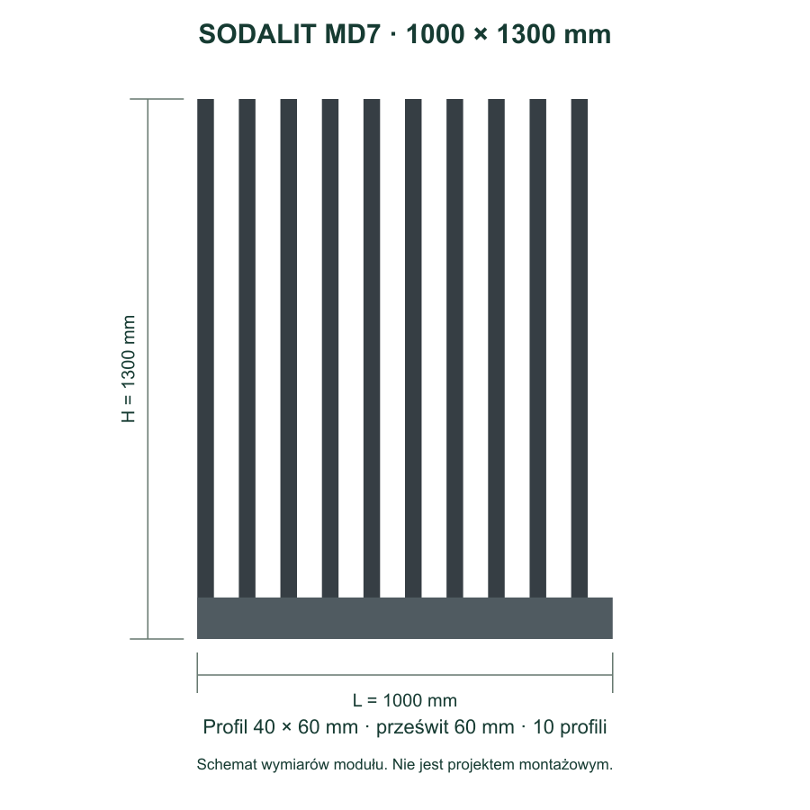 Sodalit MD7: szerokość 1000 mm, wysokość 1300 mm, profil 40 × 60 mm, prześwit 60 mm