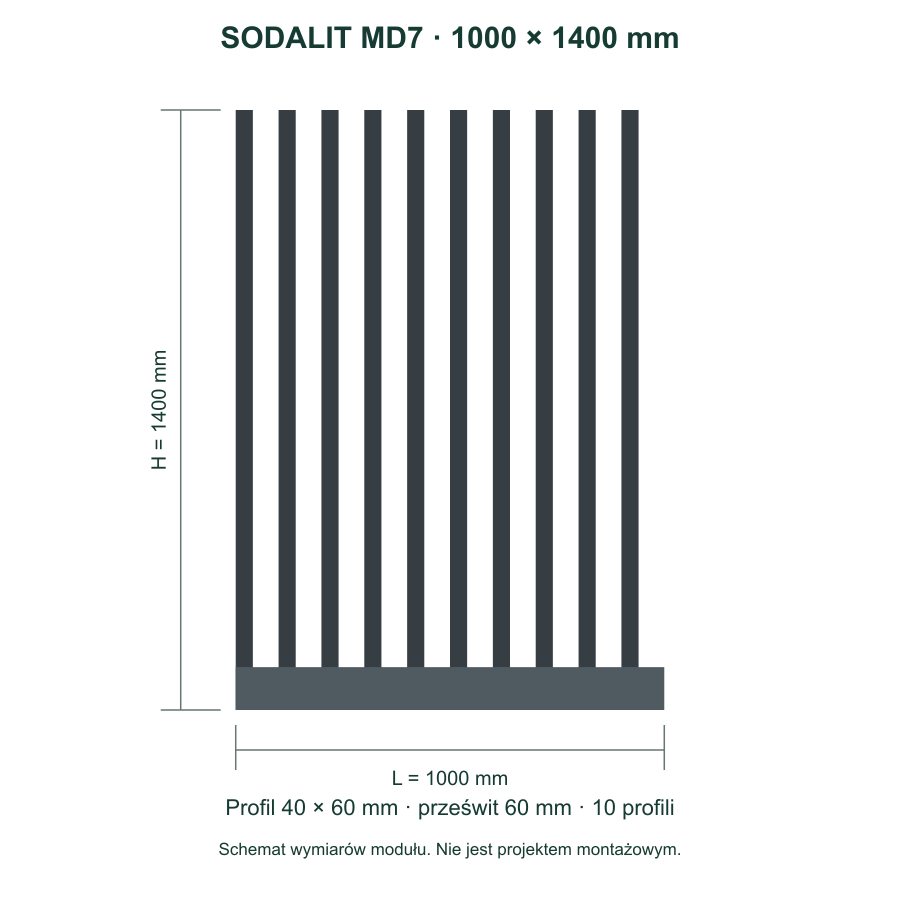 Sodalit MD7: szerokość 1000 mm, wysokość 1400 mm, profil 40 × 60 mm, prześwit 60 mm
