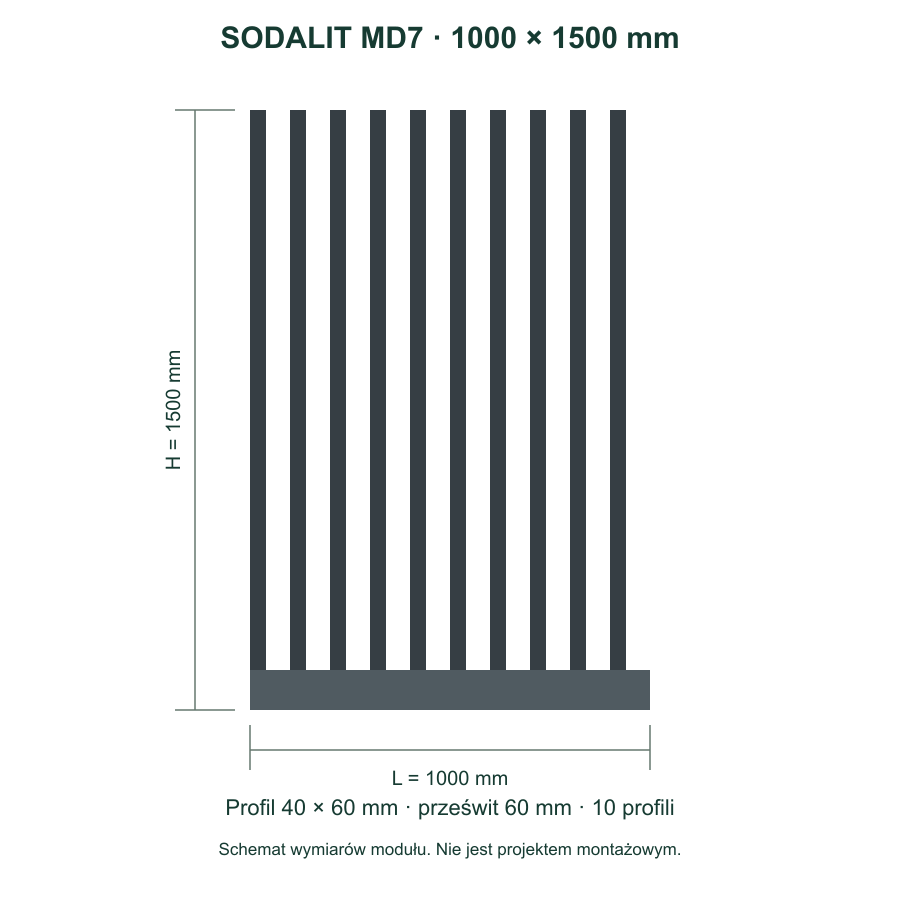 Sodalit MD7: szerokość 1000 mm, wysokość 1500 mm, profil 40 × 60 mm, prześwit 60 mm