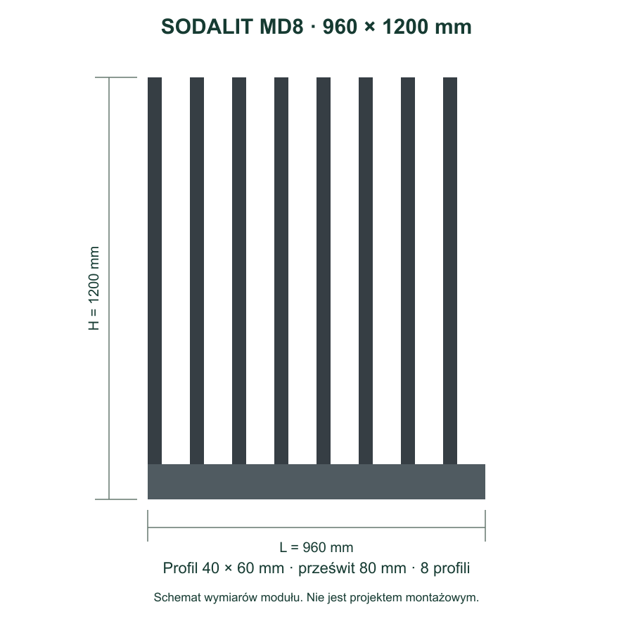 Sodalit MD8: szerokość 960 mm, wysokość 1200 mm, profil 40 × 60 mm, prześwit 80 mm