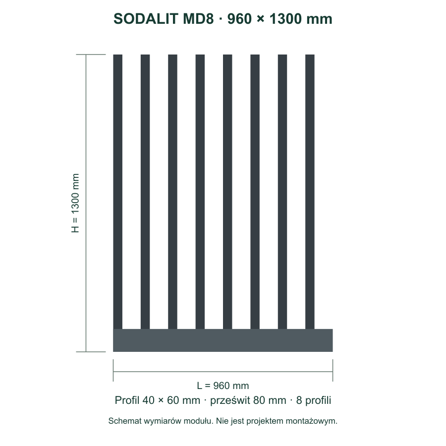 Sodalit MD8: szerokość 960 mm, wysokość 1300 mm, profil 40 × 60 mm, prześwit 80 mm